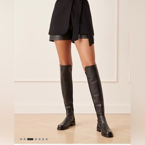Stuart Weitzman 5050 Knee High Boots Black Leather Pull On Lug Sole Size 7.5 - Picture 1 of 14
